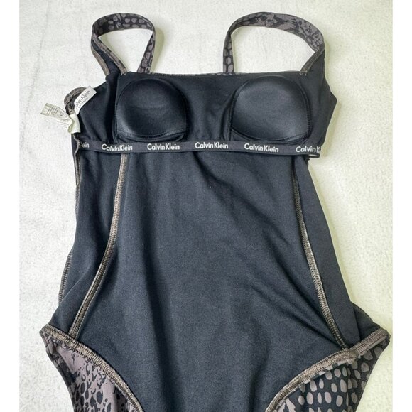Calvin Klein Animal Print One-Piece Swimsuit Size 4 Shirred Black Gray - Picture 7 of 13